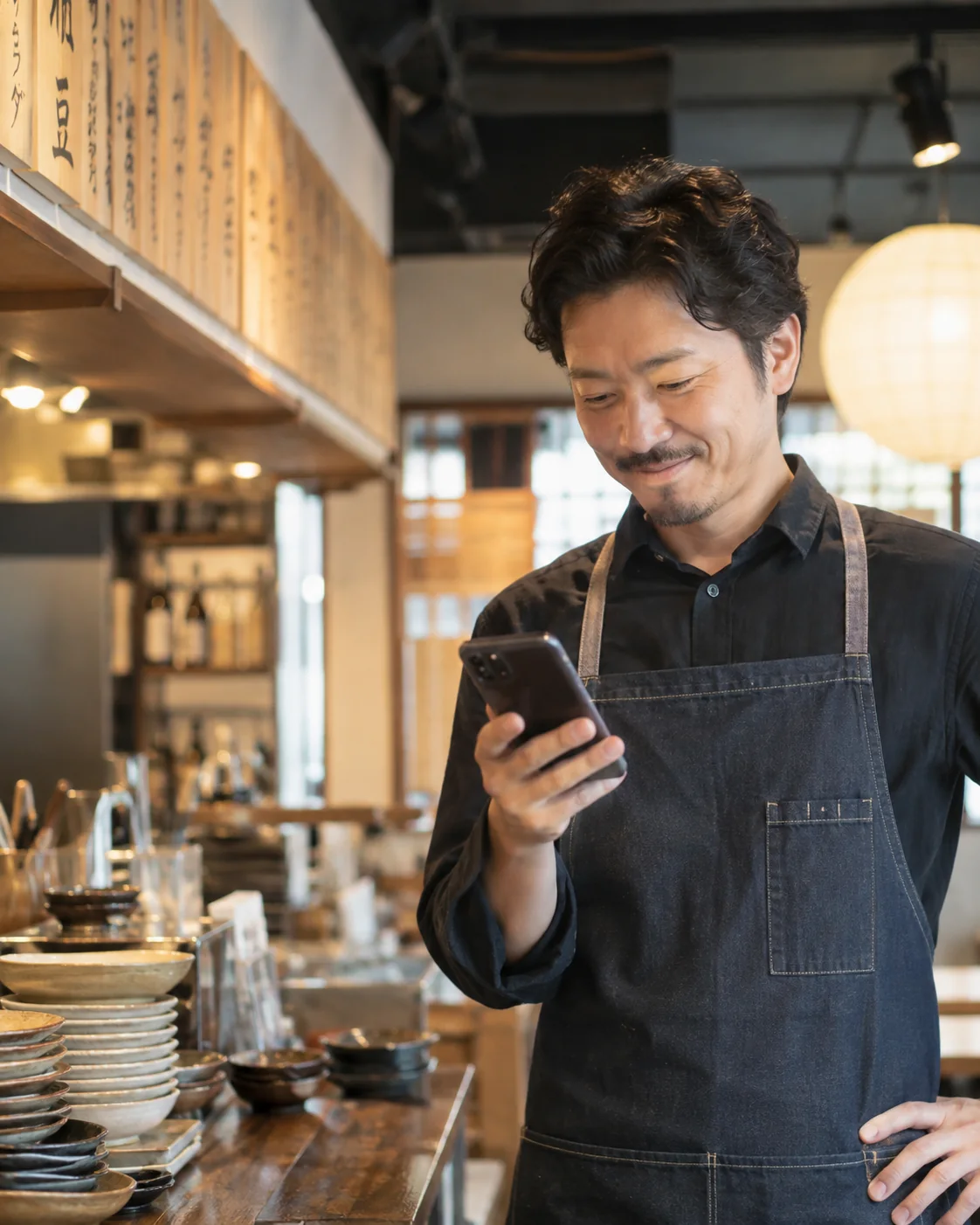 飲食店でスマートフォンを確認する店長のイメージ